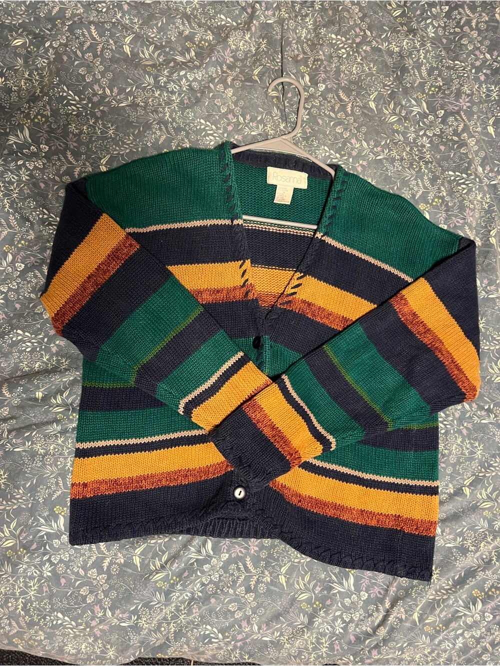Rosanna Striped V-Neck Cardigan in Green, Navy & Mustard